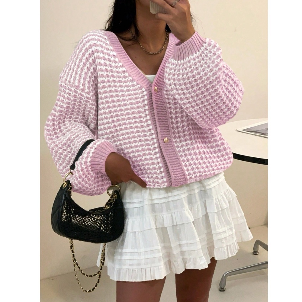 Pink White Button Down V-Neck Cardigan Long Sleeve - Picture 5 of 6